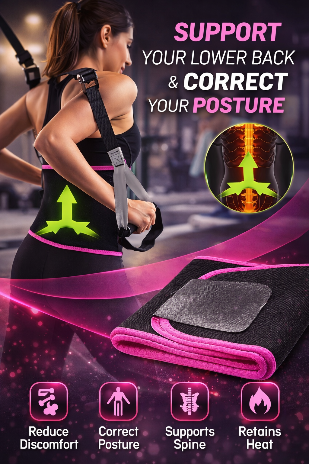 Back support belt with a woman wearing it, highlighting features on a dark background.